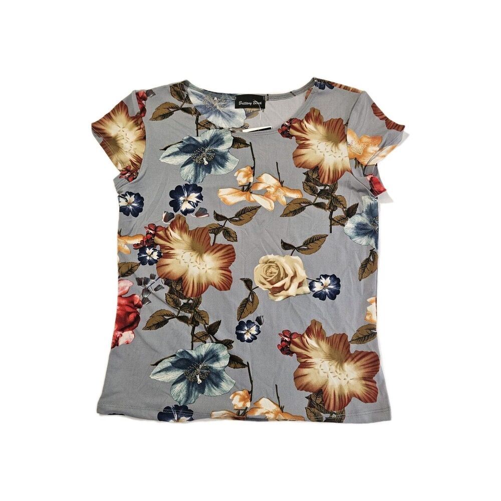 Vintage Y2K Baby Tee Gray Floral Print Fitted Top Deadstock NWT Size S